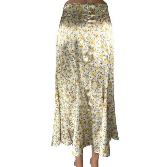 Lulus White Yellow Floral Silk Satin High Waisted Peasant Slip Midi Skirt Size M - Picture 3 of 6